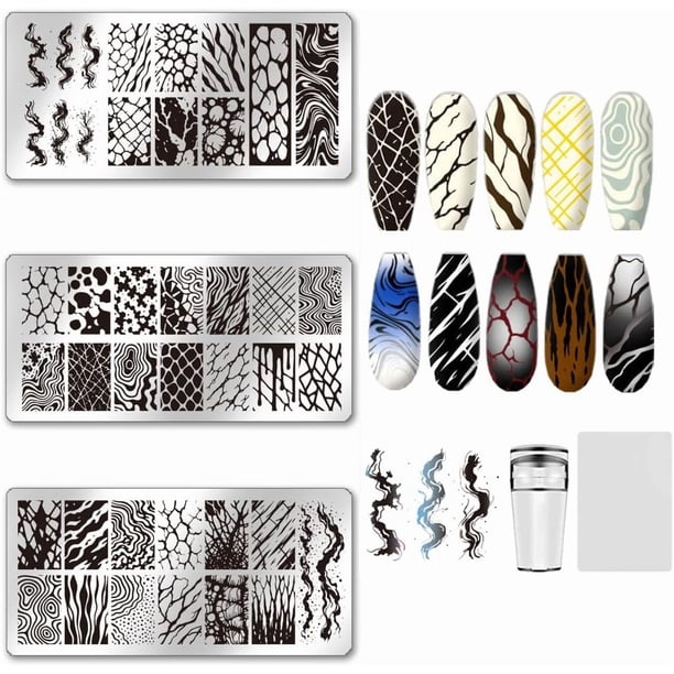 Set de 3 placas para estampar uñas con diseño de mármol a rayas. Incluye plantilla para estampar uñas con textura, plantilla para estampar imágenes y raspador.