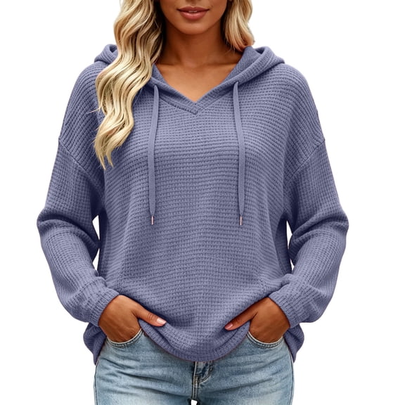 Perfectbot Womens Lightweight Waffle Knit Hoodie Pullover V Neck Long Sleeve Fall Casual Sweatshirt