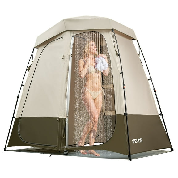 VEVOR Camping Shower Tent, 2-Room Foldable Privacy Tent Changing Room with Ground Stakes, Ropes, Carry Bag, and Crossbar, 150D Oxford Fabric with Silver Coating, for Camping, Beach, and Fishing