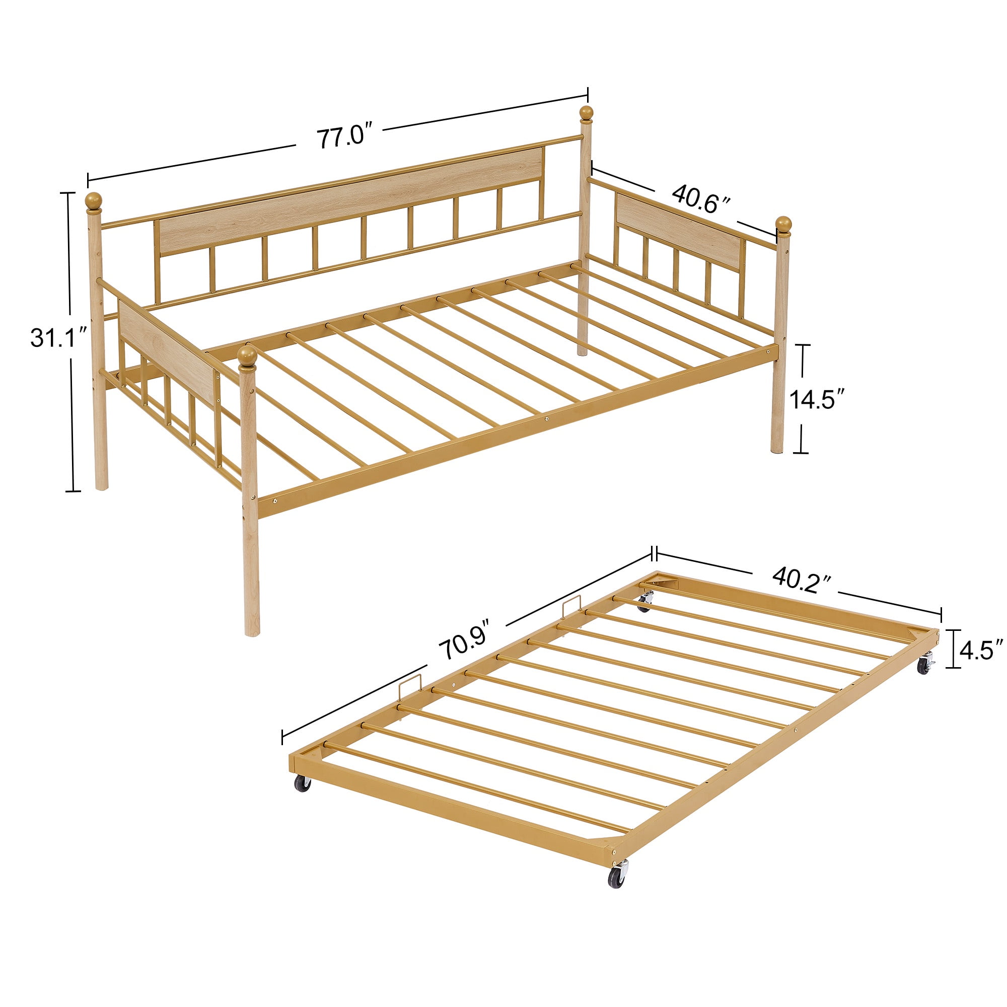 PORKISS Daybed, Steel & Wood Daybed with Trundle and Metal Frame, Modern Sofa Bed with Twin Size Frame for Bedroom, Apartment, and Living Room, Natural & Golden