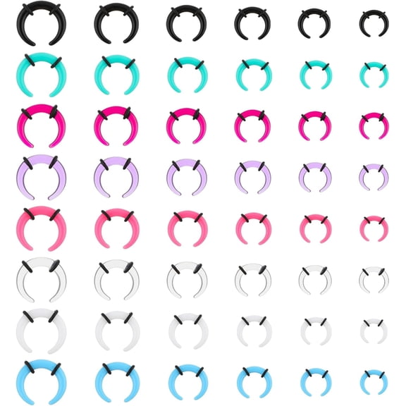 48pc Acrylic Pincher Tapers C Shape Buffalo Septum Stretching Kit With Black O-Rings - Silver, Black, Gold Septum Rings
