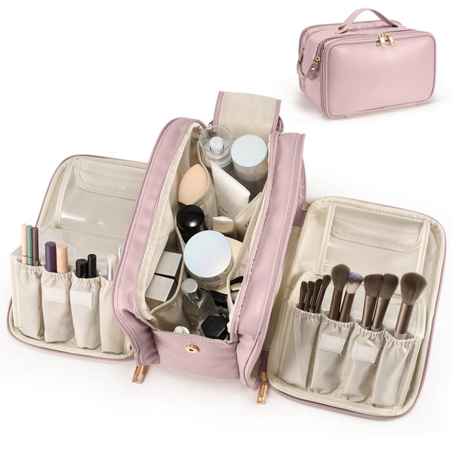 Bolsa de maquillaje de viaje HauteHues de gran capacidad, impermeable, rosa