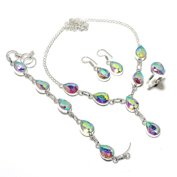 Natural Mystic Rainbow Topaz Gemstone 925 Sterling Silver Jewelry Set