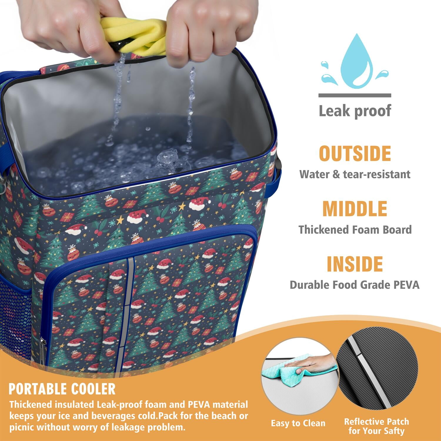 Travel Cooler Bag - Dark Blue Christmas Pattern Camping Beer Cooler Backpack with Bottle Opener- Waterproof Insulated Picnic Backpacks - Cooler Bag for Beach