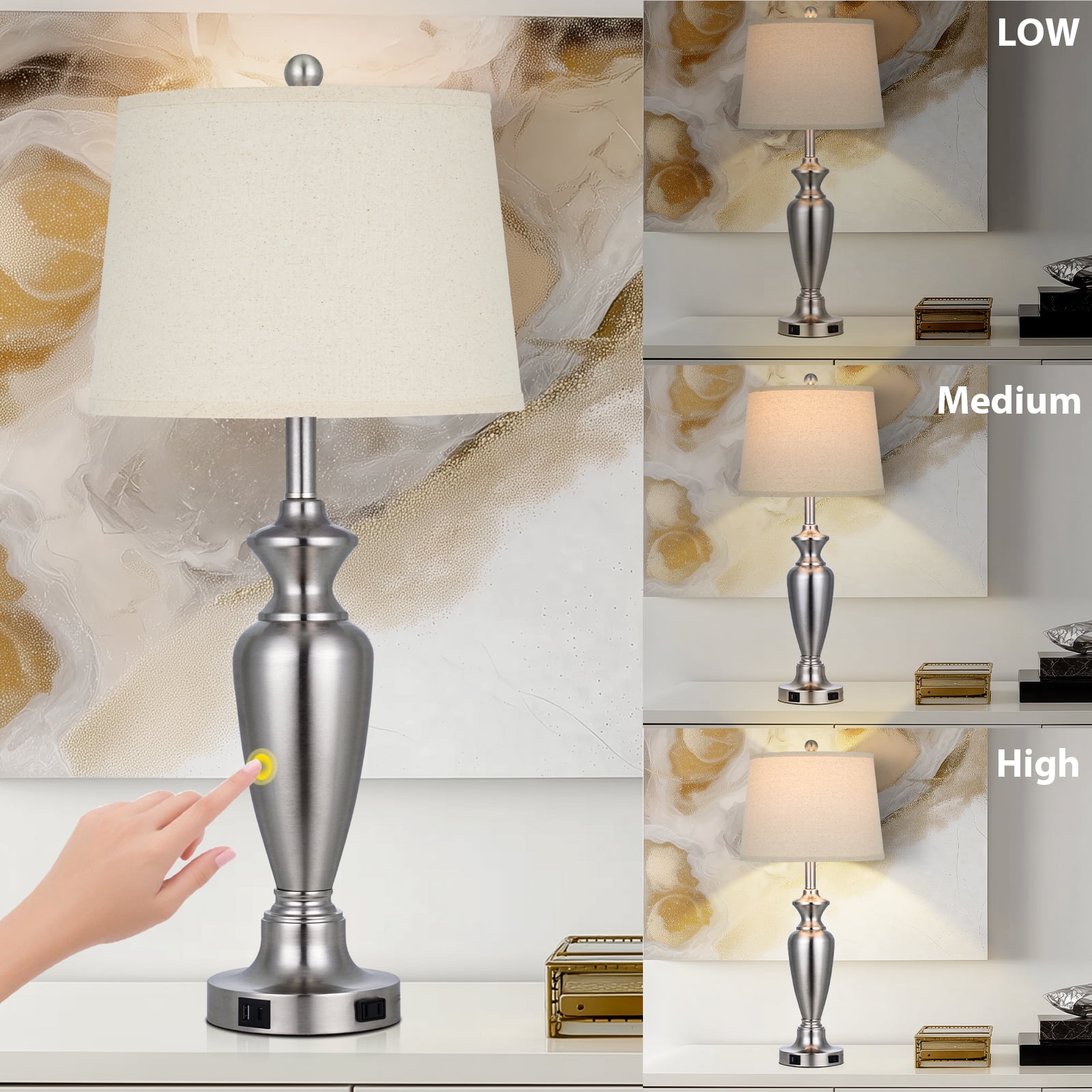 Cinkeda Table Lamp Set of 2, Modern Industrial Table Lamps,3-Way Dimmable Touch Control Desk Lamp for Bedroom Living Room, Silver