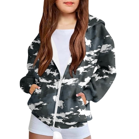 dazeni Girls Zip Up Hoodie Kids Fashion Oversized Camo Sweatshirt Jacket with Pockets Loose Casual Fall Winter Outwear