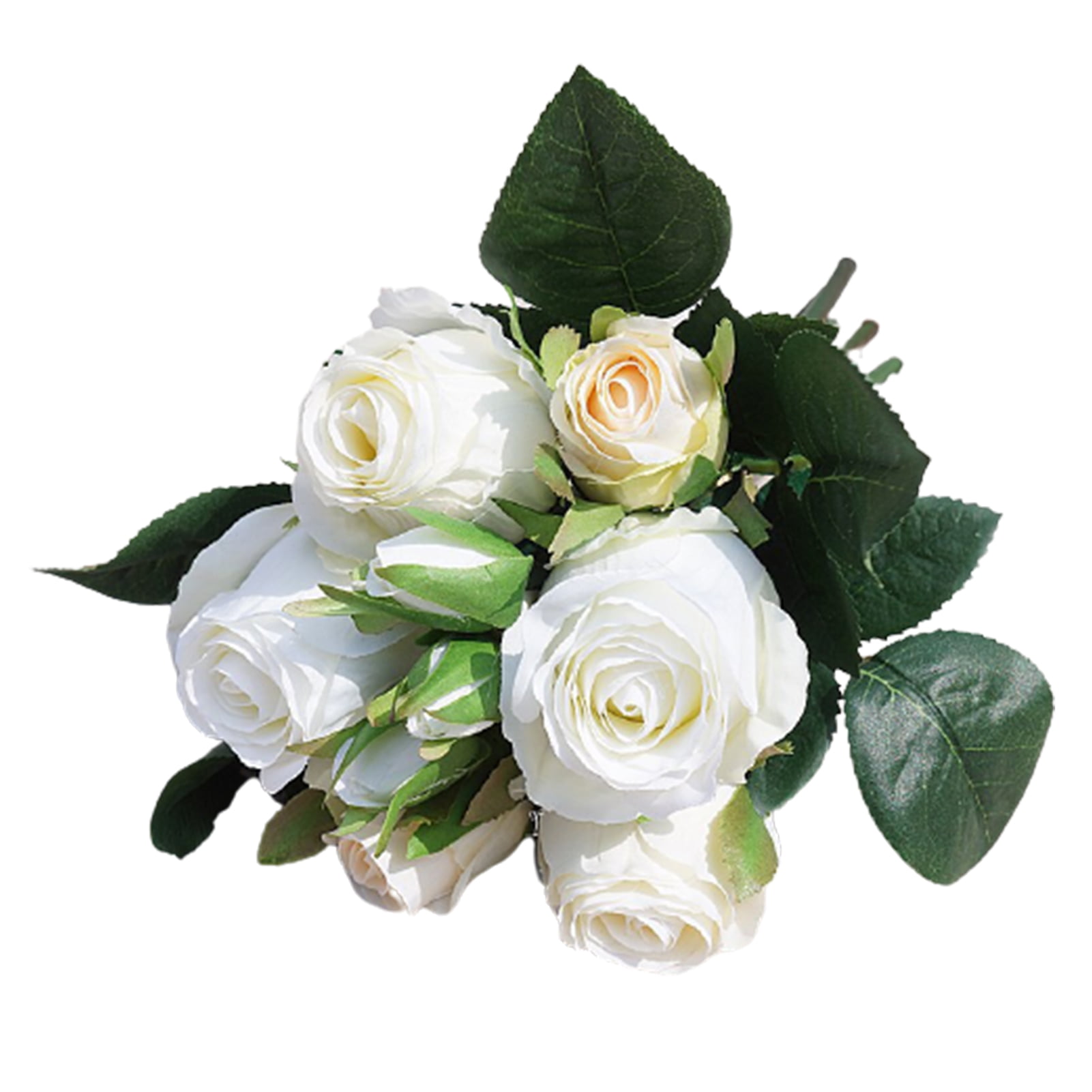Yesbay 9Pcs/Bouquet Faux Flowers Realistic Artificial Rose Fake Silk Flowers,White