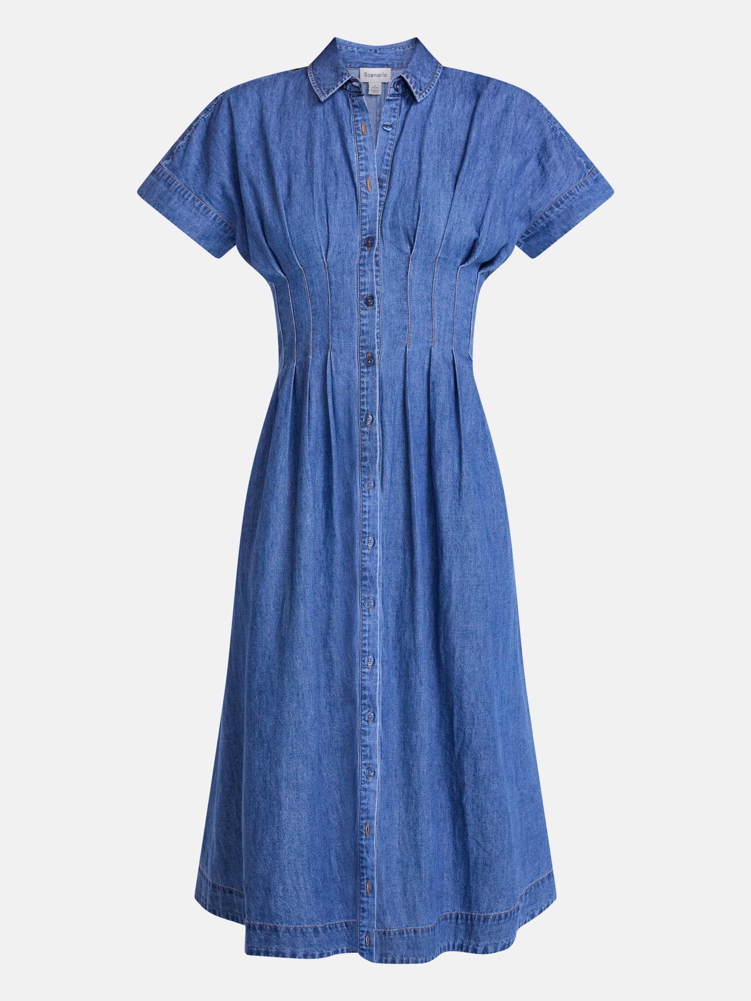 Scenario Women's and Women's Plus Pleated Waist Midi Shirtdress with Short Sleeves, Sizes XS-4X