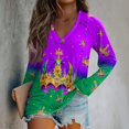 thumbnail image 2 of Mardi Gras Shirts for Women Feathers Print Mask Print Long Sleeve T Shirts Sparkly V Neck Holiday Graphic Tee Green L, 2 of 6