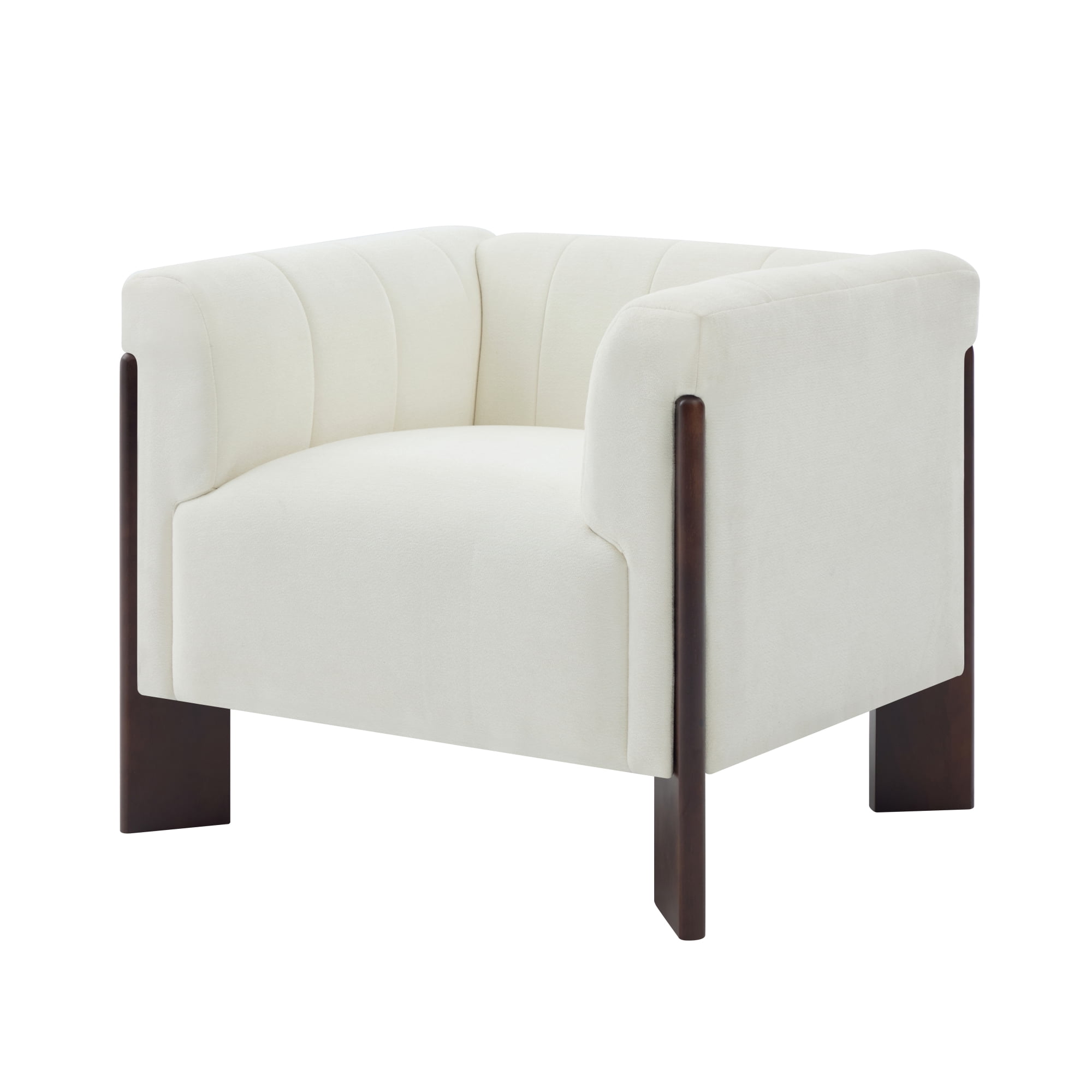 Leumius Modern Accent Chair, Velvet Single Sofa Chair with Tight Back, Round Arms, Vertical Channel Tufted Back and Walnut Rubber Wood Legs for Living Room, Bedroom or Reading Corner, Beige