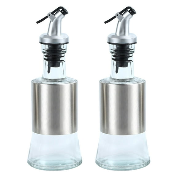 Glass Oil Bottle Kitchen Dispenser Olive Decanter with Spout Vinegar Stainless Steel Lead-free 2 Pcs