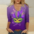 thumbnail image 2 of Dovford Mardi Gras Shirts for Women Bling Glitter Carnival Outfits V Neck Tunic 3/4 Sleeve Tops Mask Print Tees Parade Tshirt, 2 of 5