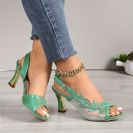 

Women s Rhinestone Decor Block Heels Mesh Buckle Strap Sandals Versatile Dress Sandals