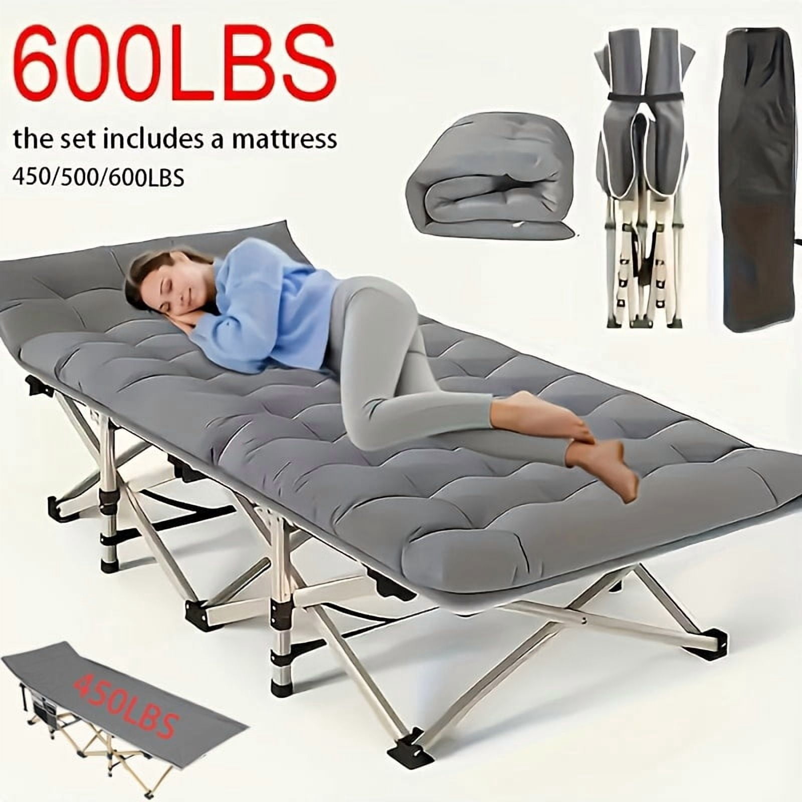 75" Outdoor Folding Bed with Flip Mattress, Portable Heavy-Duty Guest Bed for Camping & Travel, 600Lbs Capacity, Includes Carry Bag, Gray/Grayblue