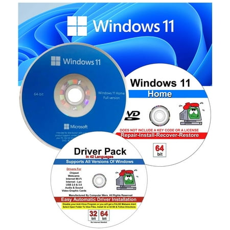 Microsoft Windows 11 Home OEM 64 Bit DVD For UEFI Bios & Repair, Recover, Restore, Reinstall Software & Drivers Pack, 3PK