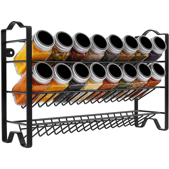 Zshan 1Pcs Spice Rack Free standing Kitchen Metal Spice Racks Organizer Wall Mount With spice label for Countertop or Pantry Shelf Spice Condiments Jars Storage 3 Tier(Black)