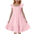 thumbnail image 2 of Grblisyd Dresses for Girls Kids Summer Double Layer Flutter Sleeve Dress Solid Color Square Neck A-line Sundress 5-14 Years, 2 of 4