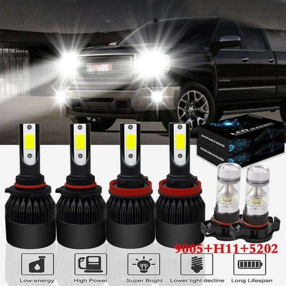 For GMC Sierra 1500 2500 3500 2007-2013 Headlights,9005 High Beam H11 Low Beam Bulbs 5202 Fog Beam,6pcs