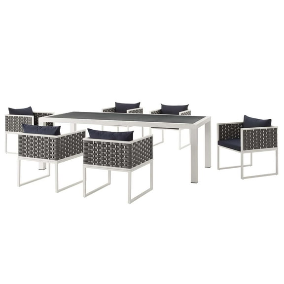 Contemporary Modern Urban Designer Outdoor Patio Balcony Garden Furniture Dining Chair and Table Set, Aluminum Fabric, Navy Blue White