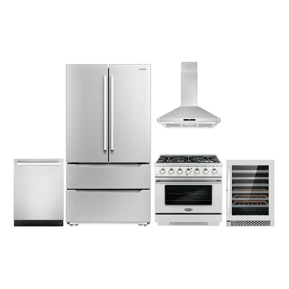 Cosmo 5 Piece Kitchen Appliance Package with 36" Freestanding Gas Range 36" Island Range Hood 24" Built-in Fully Integrated Dishwasher French Door Refrigerator & 48 Bottle Wine Refrigerator