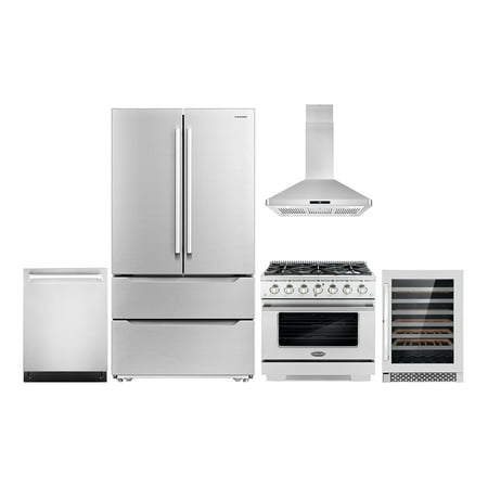 Cosmo 5 Piece Kitchen Appliance Package with 36  Freestanding Gas Range 36  Island Range Hood 24  Built-in Fully Integrated Dishwasher French Door Refrigerator & 48 Bottle Wine Refrigerator