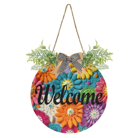 Knit Flowers Welcome Sign for Front Door Wreath Door Sign for Farmhouse Porch Decoration Indoor Outdoor