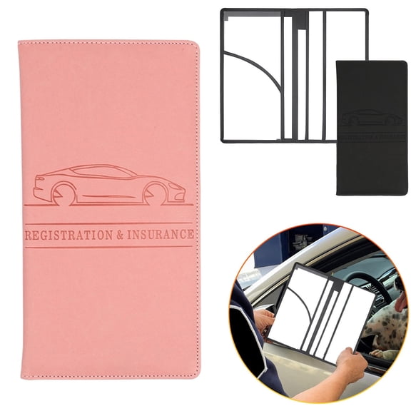 Car Registration and Insurance Card Holder, Pu Leather 5"×9.5" Organizer with Shut and 4 Clear Slots, Embossed Car Documents for License Pink