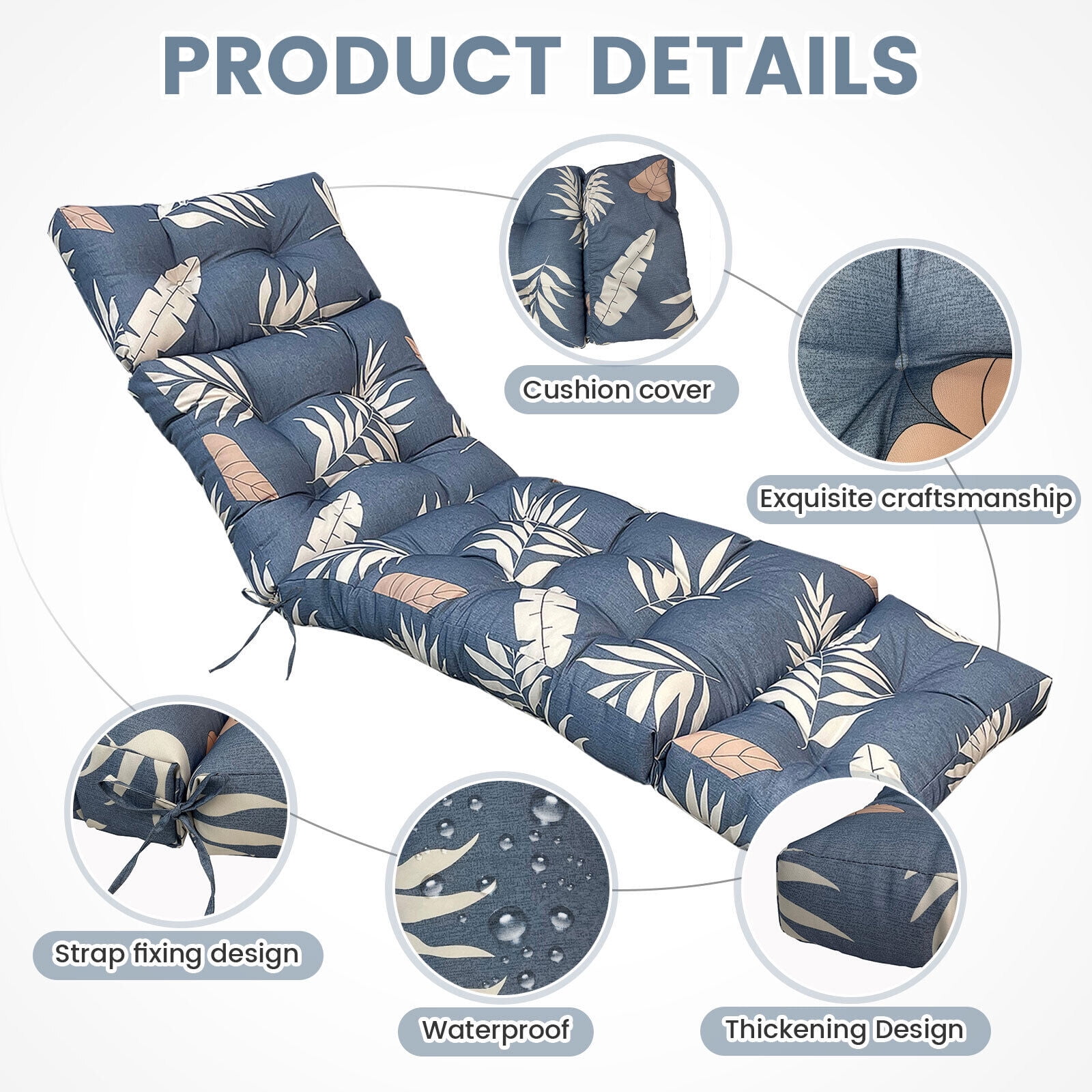 2 Pack Outdoor Lounge Cushion Patio Chaise Replacement 71 x 20 Inch Rocking Cushion for Furniture Sofa Non Slip Beach Pool Recliner Sunbathing Chair Pads with Headrest