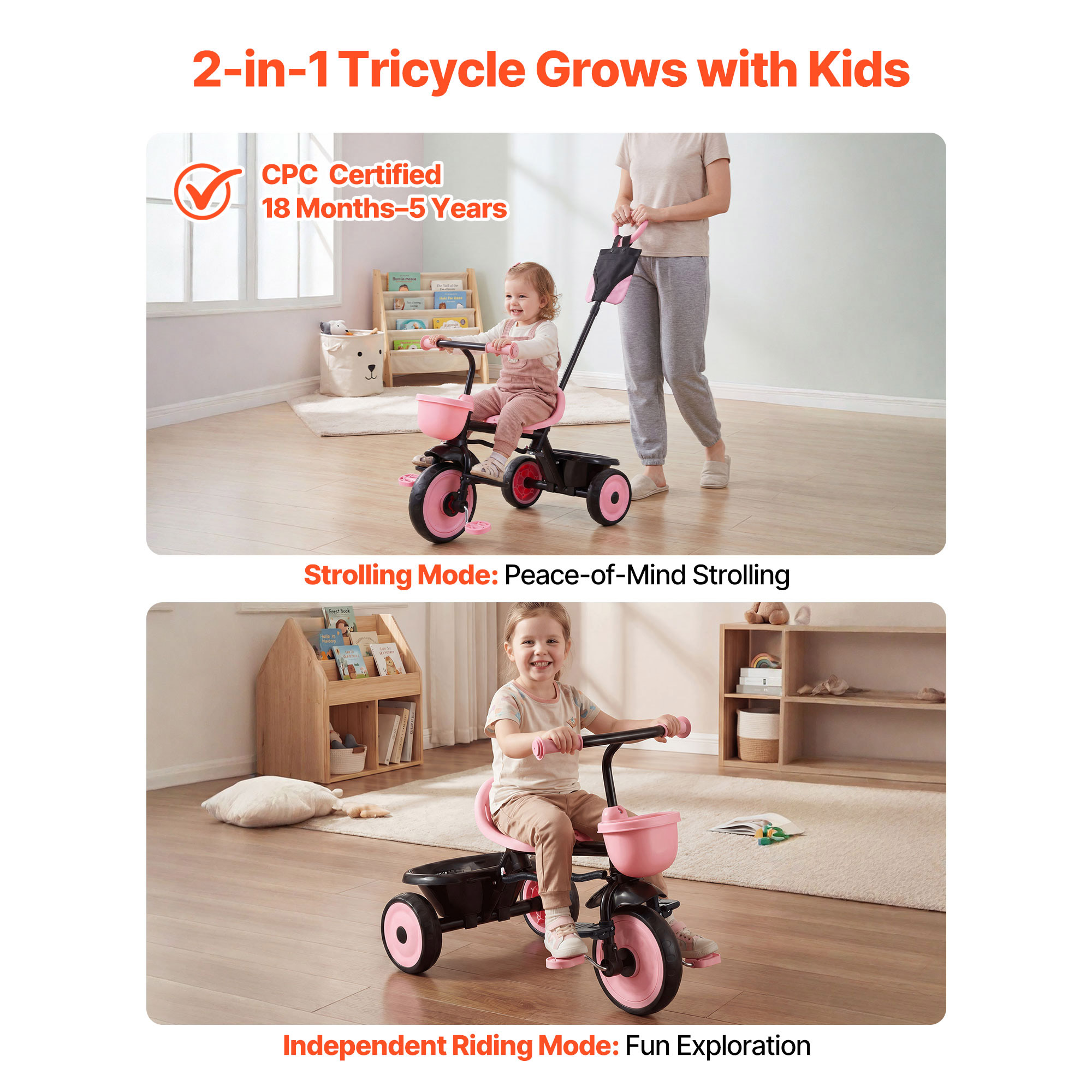 KFFKFF 2-in-1 Toddler Tricycle & Stroller, 18 Months to 5 Years photo 2