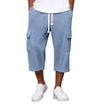 thumbnail image 3 of Nestiefly Long Cargo Shorts for Men Below Knee Waffle Drawstring Capris Pants Elastic Waist Lightweight Summer Resort Wear Blue XL, 3 of 8