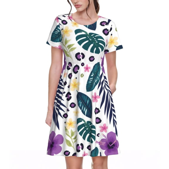 Tropical Hibiscus Leaf Dresses Short Sleeve Nightdresses for Women