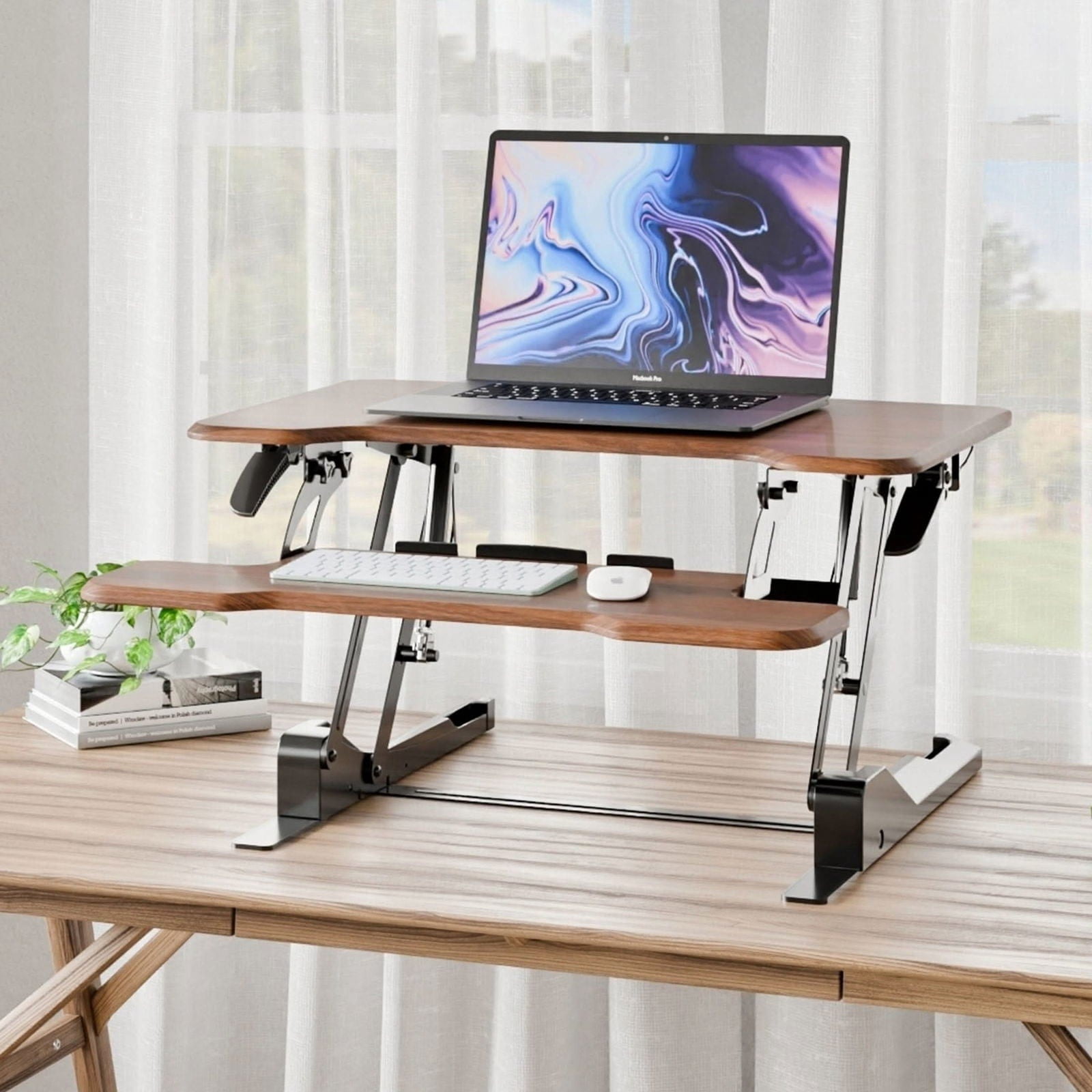 30'' Compact Standing Desk Converter – Height Adjustable Sit Stand Riser with Keyboard Tray, Gas Spring Lift – Ideal for Small Spaces, Home or Office, Dark Walnut
