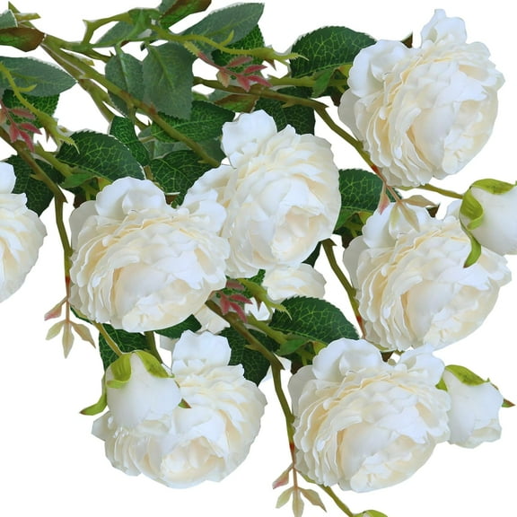 Artificial Flower 8pcs 24'' Silk Peony Long Stem with 2 Blossoms and 1 Bud Faux Flower for Wedding Bridal Bouquet Bridesmaid Home Décor Office Baby Shower Centerpiece(Creamy White)