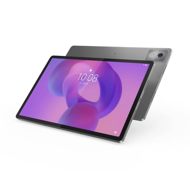 tablet lenovo ideatabpro, mediatek dimensity 8300, pantalla 12.7 plg 3k, ram 8gb, 256 gb, incluye teclado, pluma y audífonos moto buds — Vista 3/4 frontal y posterior de la tablet Lenovo en gris; pantalla táctil 12.7" 3K con marco delgado y fondo morado, carcasa trasera texturizada, puertos y rejillas de altavoz visibles. Frecuentemente usada con el teclado y la pluma incluidos para productividad y dibujo.