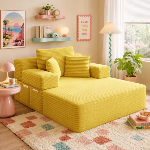 Oversized Convertible Chaise Lounge 60.2 Inch Yellow Corduroy for Apartment Dorm