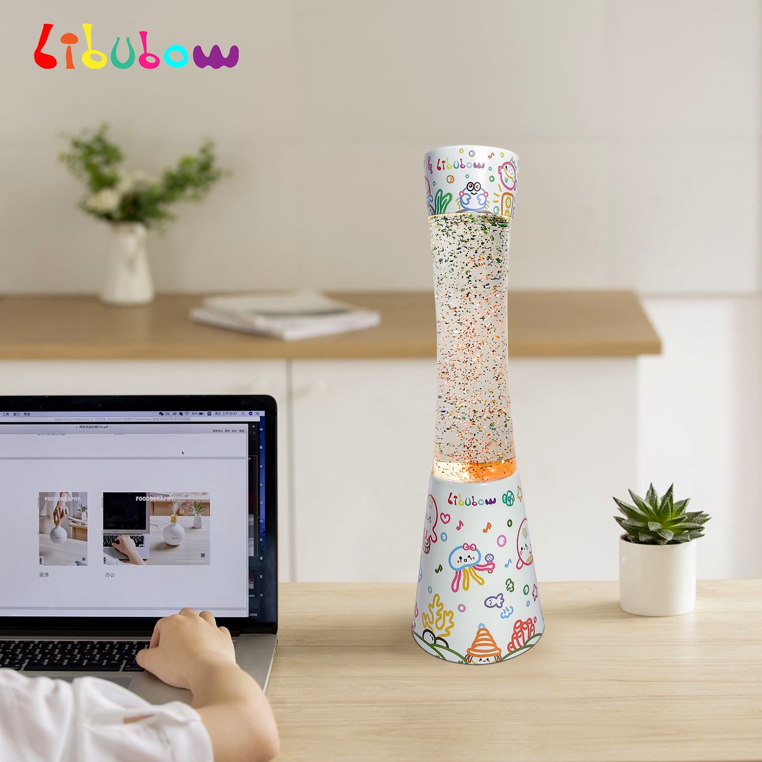 Libubow 15.5" Music Party Decal Base Rainbow Glitter Lamp, 2pcs Bulbs