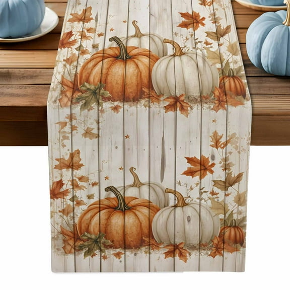 ERUNPONLY Vintage Pumpkin Fall Table Runner - 72 Inch Long Thanksgiving Botanical Leaves Wooden Cotton Linen Blended Dress Scarves Farmhouse Table Runner for Kitchen Dining, Coffee Table, 16" x 72"