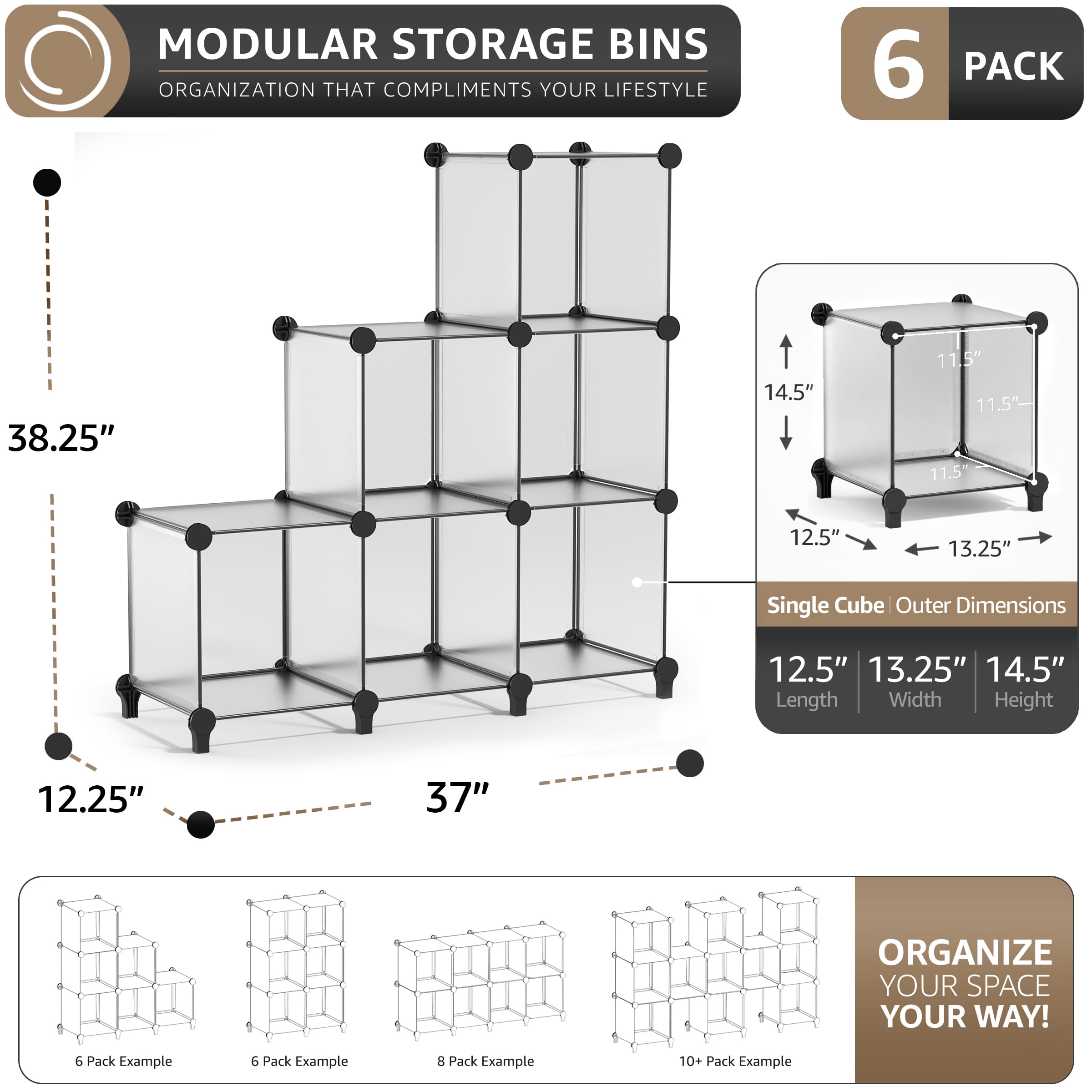 Sorbus 6-Cube Storage Organizer, Waterproof Cubby Shelf for Closet & Bedroom, Clear