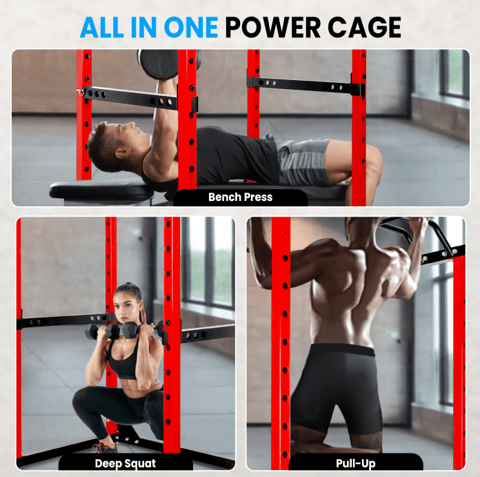 Red Power Cage, 1.8mm Steel Power Rack, Adjustable Squat Rack for Home Fitness Studio, Gym Training Space, Personal Workout