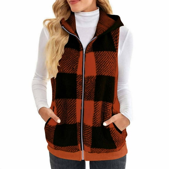 Plaid Vest for Women Sleeveless Hooded Flannel Shacket Casual Full Zip Up Trench Coats Loose Fit Jacket with Pockets (XL, Orange)