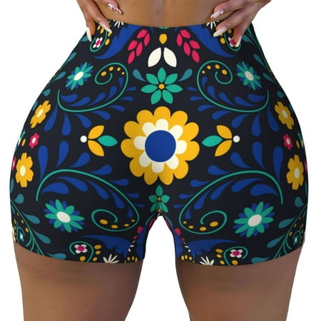 Workout Shorts Women  Colorful Mexican Flower Biker Shorts for Women Running Gym Spandex Shorts Tummy Control