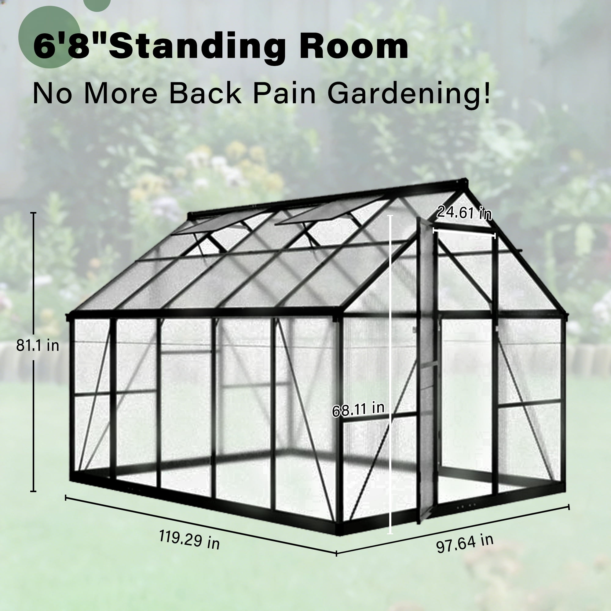 PABIMIA 8x10 FT Polycarbonate Outdoor Greenhouse, Aluminum Walk-in Greenhouse with Roof Vent, Black