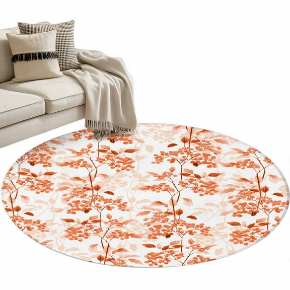 Burnt Orange Botanical Round Area Rug 3 FT, Small Kitchen Bathroom Mat, Vintage Nature Flower Washable Indoor Outdoor Throw Runner Carpet Non-Shedding Doormat for Table Shower Sofa Entryway