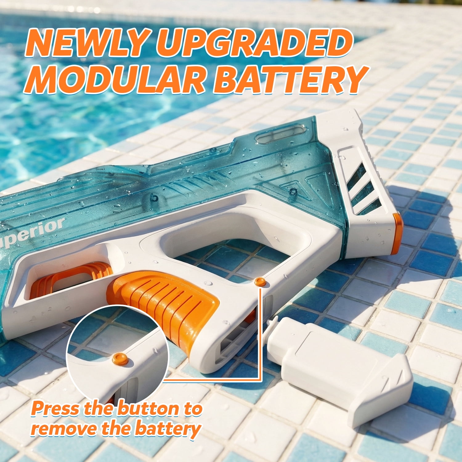 WonderStone Electric Water Blaster, Modular Battery Powered Automatic Waterproof Water Machine with Light, 32 Ft Long Range, Pool & Beach Outdoor Party Toy for Kids Ages 8–12, Cyan