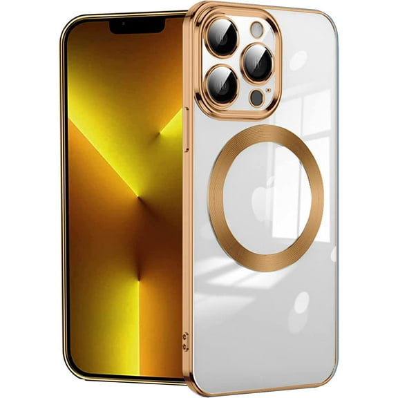 Compatible with iPhone 13 Pro Max Magnetic Case, Luxury Plating Clear Phone Case, Compatible with MagSafe for Women Girls with Camera Protector Soft TPU Shockproof Back Cover - Gold