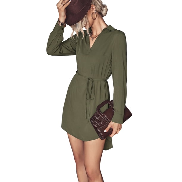 Vestido Con Cuello En V, Dobladillo Envolvente, Elegante, Cuello Vuelto, Vestido Con Cinturón Para Mujer Para Actividades Al Aire Libre