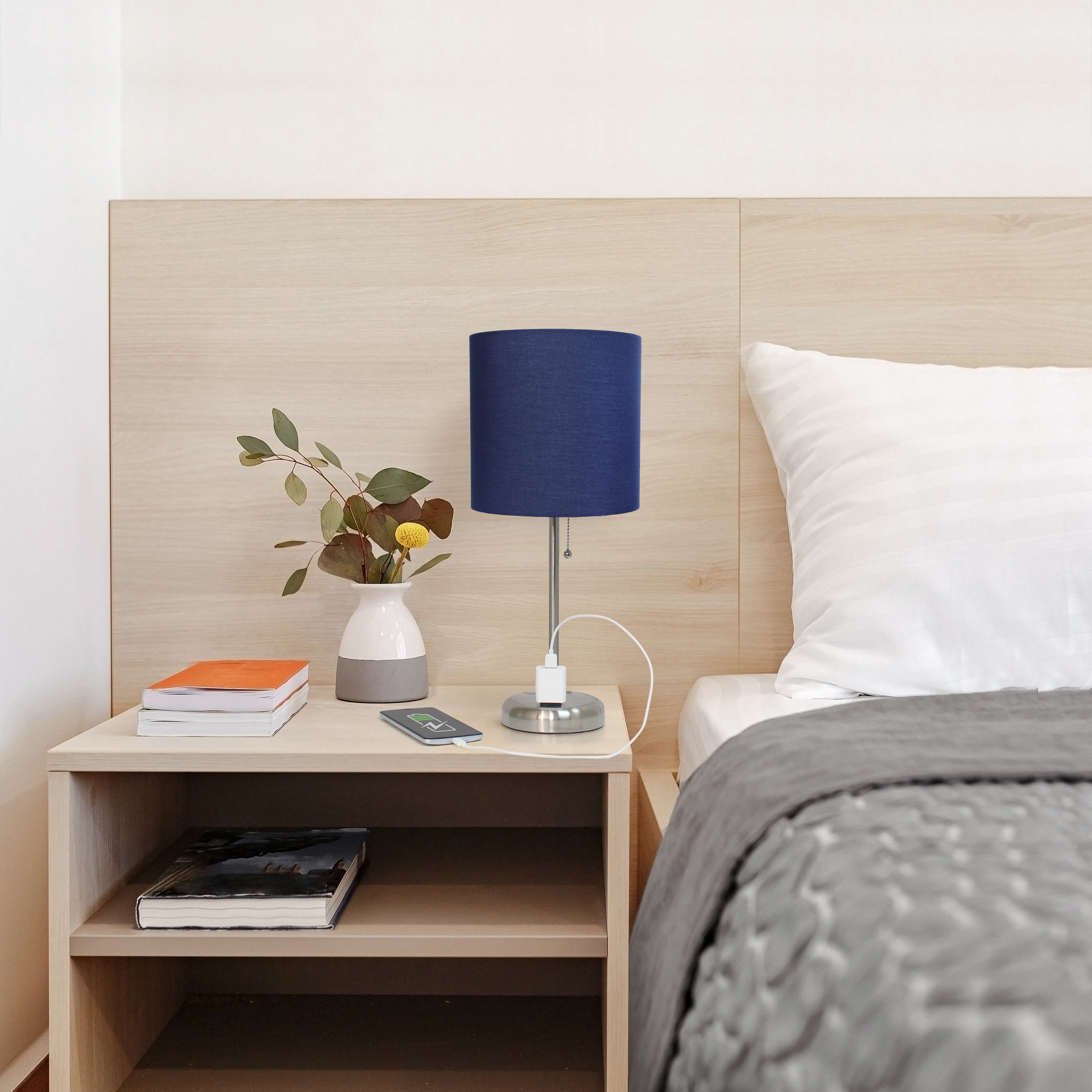 Creekwood Home 19.5" Brushed Steel Lamp with Charging Outlet, Navy Blue Shade & LED Bulb