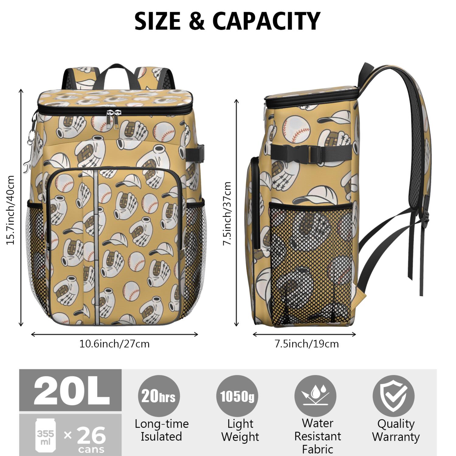 Travel Cooler Bag - Yellow Baseball Items Pattern Camping Beer Cooler Backpack with Bottle Opener- Waterproof Insulated Picnic Backpacks - Cooler Bag for Beach