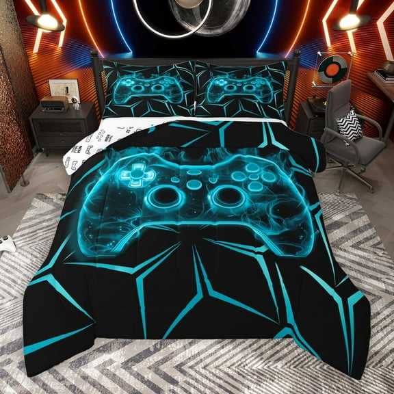 Manfei Teens Game Console Bedding Comforter Set, Black Cyan Neon Gradient Twin Comforter Sets, Modern Video Game Lover Reversible Bedding Set, Luxury Bedroom Decor, 2pcs