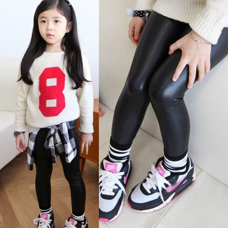 Pudcoco Kids Pu Leather Pants Girls Babys Kids Stretch Trousers Toddler Skinny Leggings Black